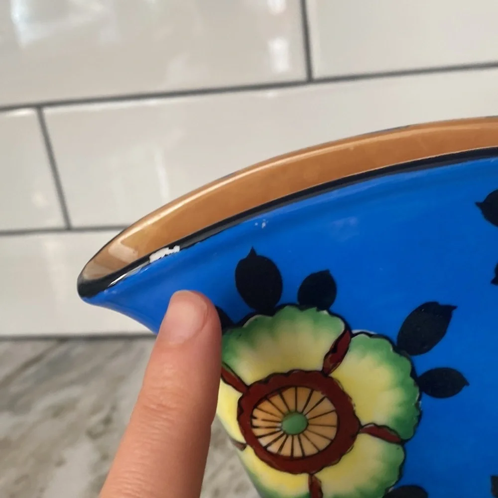 Art Deco Style Sakura Ware Fan Vase, Made in Japan hand painted. Colorful floral